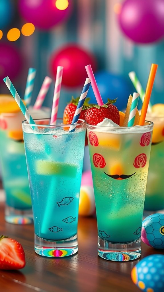 35 Magical Mermaid Party Ideas for an Under-the-Sea Celebration Colorful sparkling drinks for a mermaid party, featuring blue drinks with fruits and fun straws.