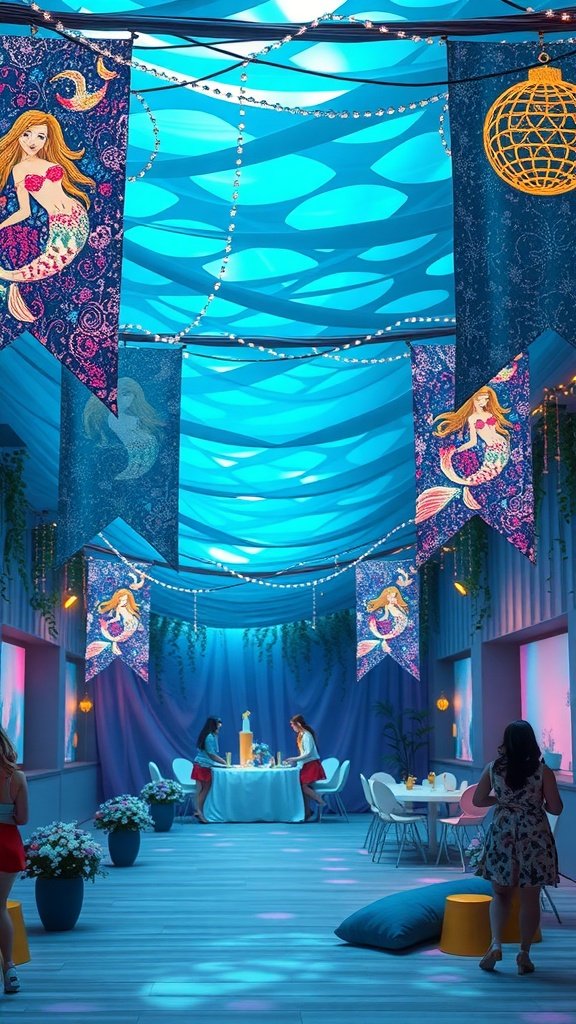 35 Magical Mermaid Party Ideas for an Under-the-Sea Celebration A beautifully decorated space for a mermaid party, featuring sparkly banners and a festive atmosphere.