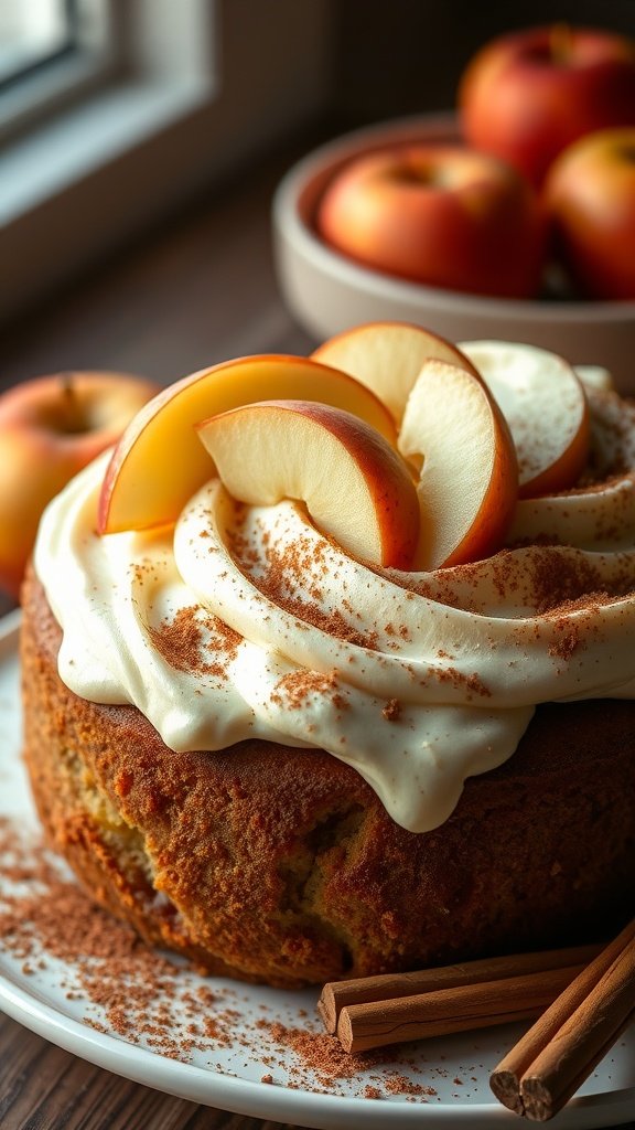 25 Irresistible Valentine’s Day Cake Ideas to Sweeten Your Celebration A spiced apple cake topped with frosting and apple slices, with a bowl of apples in the background.