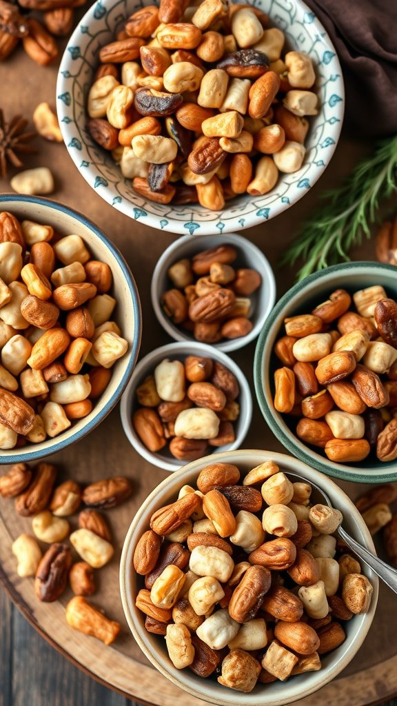 35 Stunning Grazing Table Ideas That Will Wow Your Guests (You Won't Believe #12!) A variety of spiced nuts and trail mix in bowls on a wooden table.