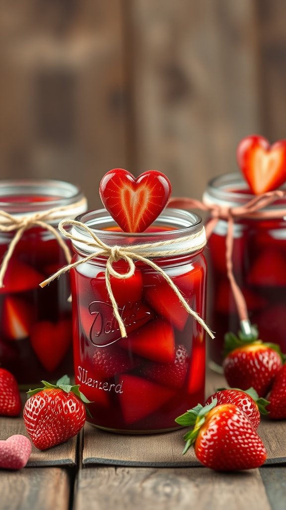 35 Irresistible Valentine’s Day Food Ideas to Celebrate Your Love A jar of spiced strawberry jam with heart-shaped strawberries on top, perfect for Valentine's Day.
