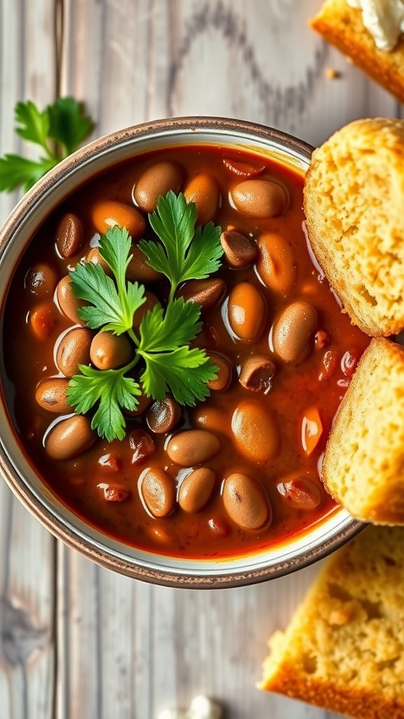 35 Irresistible Valentine’s Day Food Ideas to Celebrate Your Love A bowl of spicy chocolate chili topped with fresh cilantro and served with cornbread.