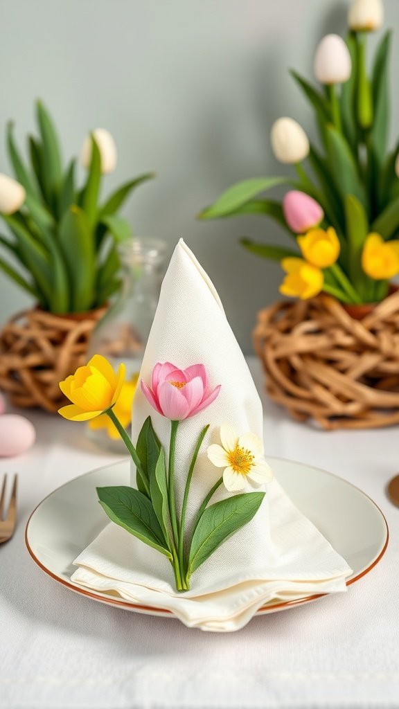 35 Easter Tablescape Ideas for a Festive Celebration A white napkin folded in a way that resembles a flower bouquet, featuring pink and yellow flowers, set on a plate with a spring-themed table setting.