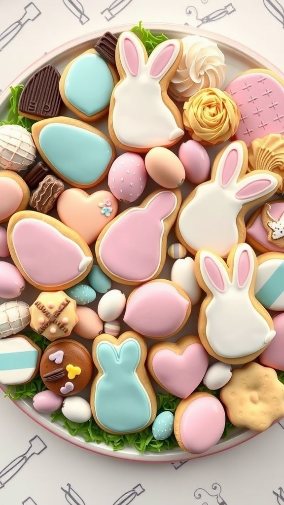 25 Delightful Easter Tea Party Cookies to Impress Your Guests A colorful platter of spring-themed cookies shaped like bunnies and eggs, decorated with vibrant icing.