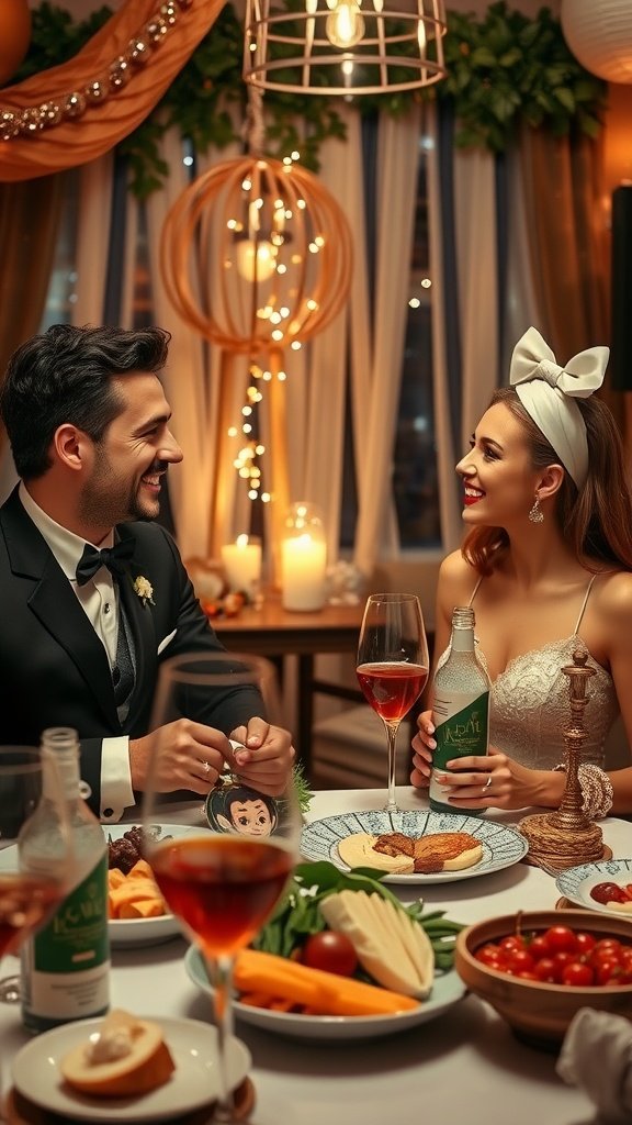 25 Cozy Indoor Date Ideas That'll Ignite the Spark (Prepare for Romance!) Couple enjoying a themed dinner night with a variety of dishes and drinks, smiling at each other in a cozy, decorated room.