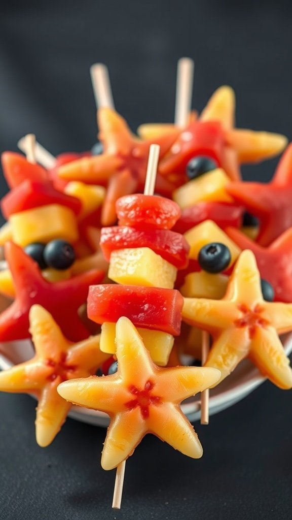 25 Creative Mermaid-Inspired Party Food Ideas Colorful fruit skewers shaped like starfish, featuring pineapple, watermelon, and bell peppers.