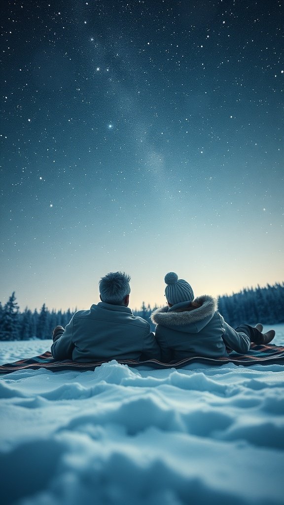25 Cozy Winter Date Ideas That'll Melt Your Heart (You Won't Believe #5!) A couple stargazing on a snowy night, wrapped in blankets, surrounded by trees and a starry sky.