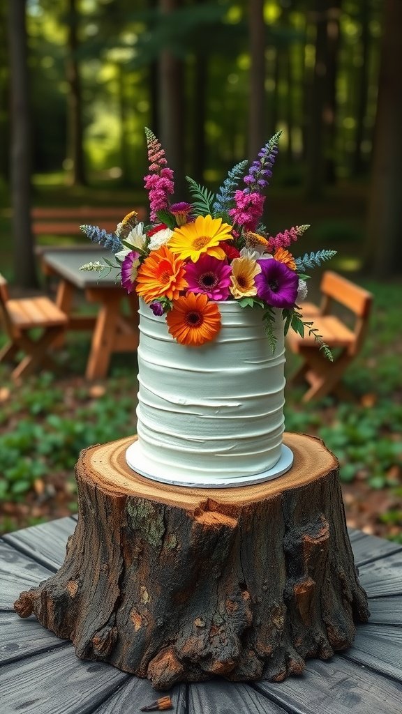 35 Enchanting Forest Wedding Cake Recipes for Your Dream Celebration A beautifully decorated stump cake with wildflowers, ideal for a forest wedding theme.