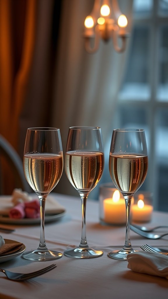 25 Stunning Valentines Table Decor Ideas That Will Make Your Dinner an Unforgettable Romance! Three elegant glasses of sparkling wine on a beautifully set table with candles in the background. Valentines Table Decor