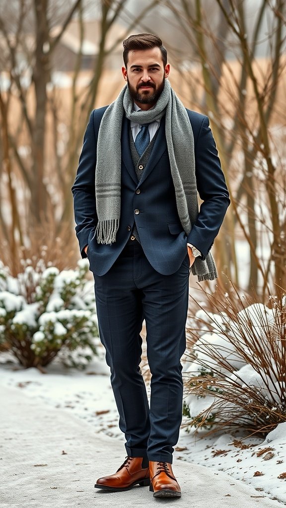 35 Enchanting Ideas for a Magical Winter Wedding A groom in a tailored navy suit and gray scarf standing in a snowy outdoor setting.