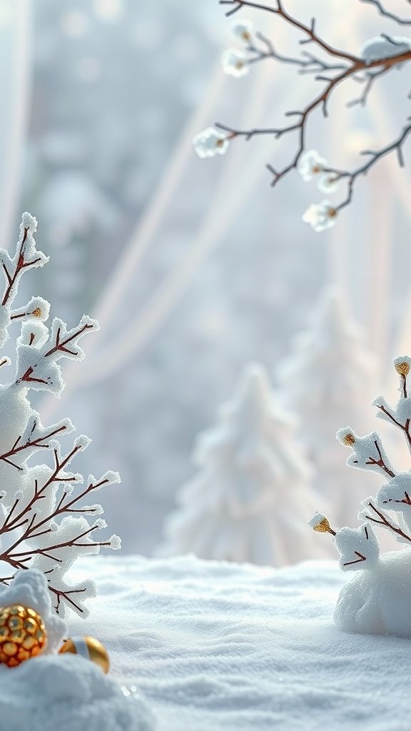 35 Enchanting Ideas for a Magical Winter Wedding A serene winter scene with snow-covered trees and soft decorations, perfect for inspiring winter wedding invitations.