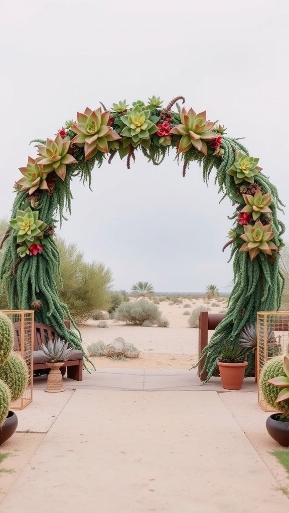 25 Unique Rustic Wedding Arch Ideas to Make Your Ceremony Unforgettable (Trust Us, #3 Is a Show-Stopper!) A wedding arch featuring vibrant succulents and cacti, set in a rustic outdoor setting