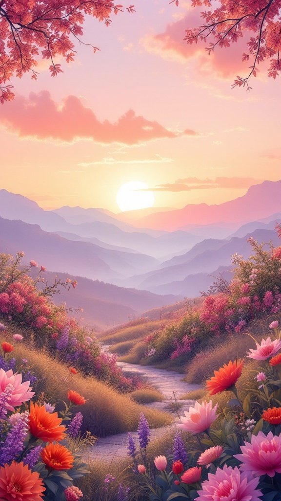 25 Beautiful Spring Wedding Color Palettes to Inspire Your Big Day A beautiful sunset over a colorful landscape filled with blooming flowers and mountains in the background.