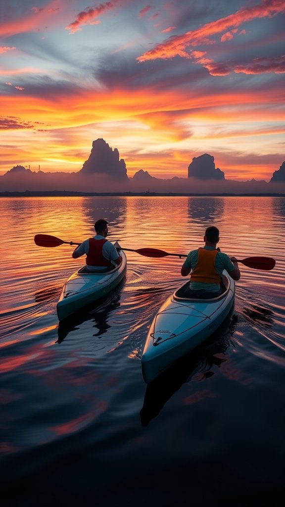 25 Creative Double Date Ideas That Will Spark Your Imagination! Two people kayaking at sunset with colorful sky and mountains in the background.