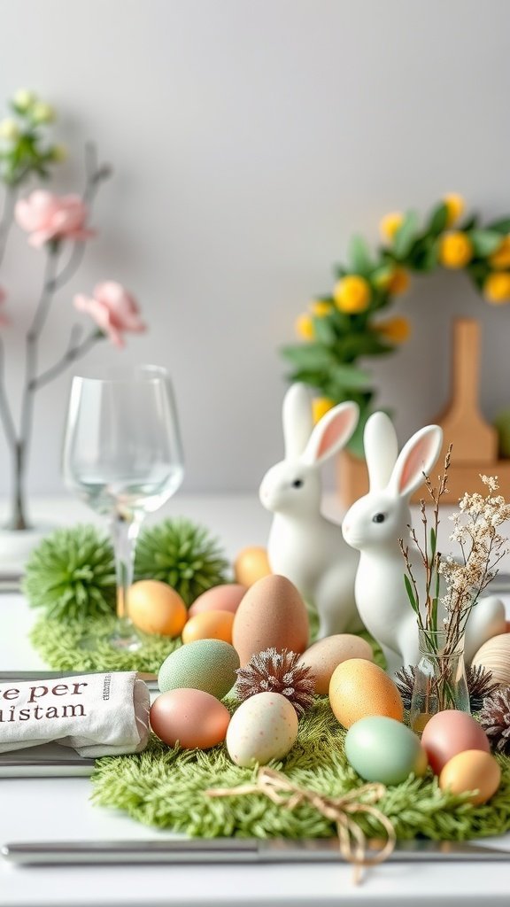 35 Easter Tablescape Ideas for a Festive Celebration A beautifully arranged Easter tablescape featuring pastel-colored eggs, decorative bunnies, fresh flowers, and a green grass-like base.