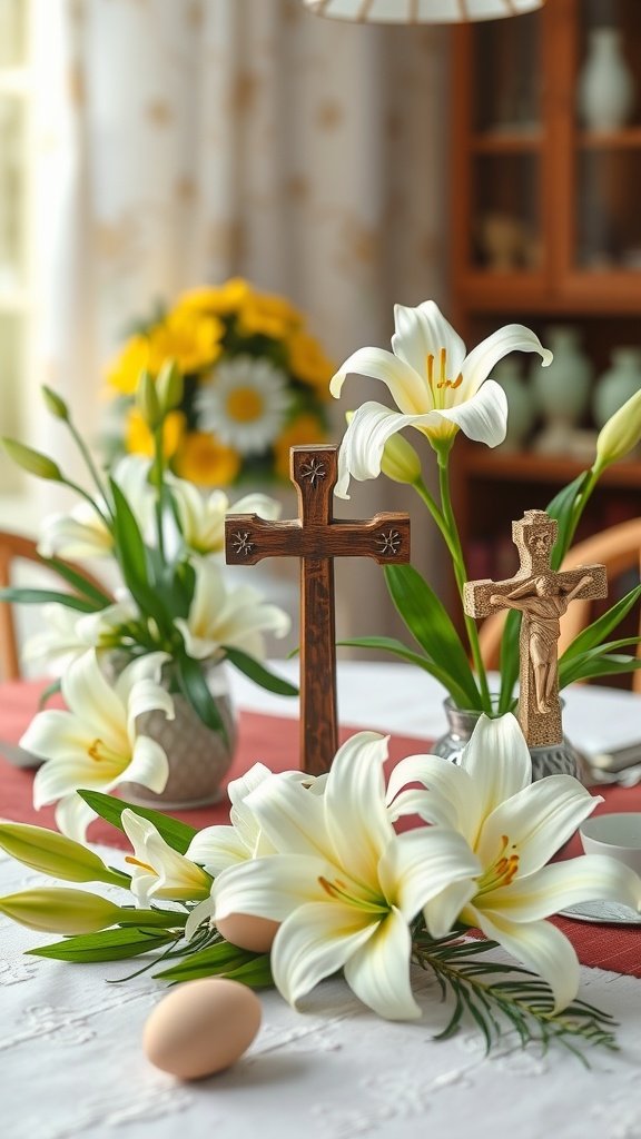 35 Easter Tablescape Ideas for a Festive Celebration A festive Easter tablescape featuring white lilies, a wooden cross, and decorative eggs.