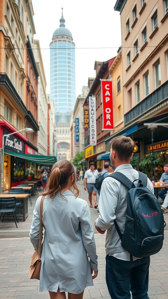 25 Creative Second Date Ideas That Will Leave a Lasting Impression (You’ll Love #8!) A couple walking through a lively street in a city, with shops and a tall building in the background.