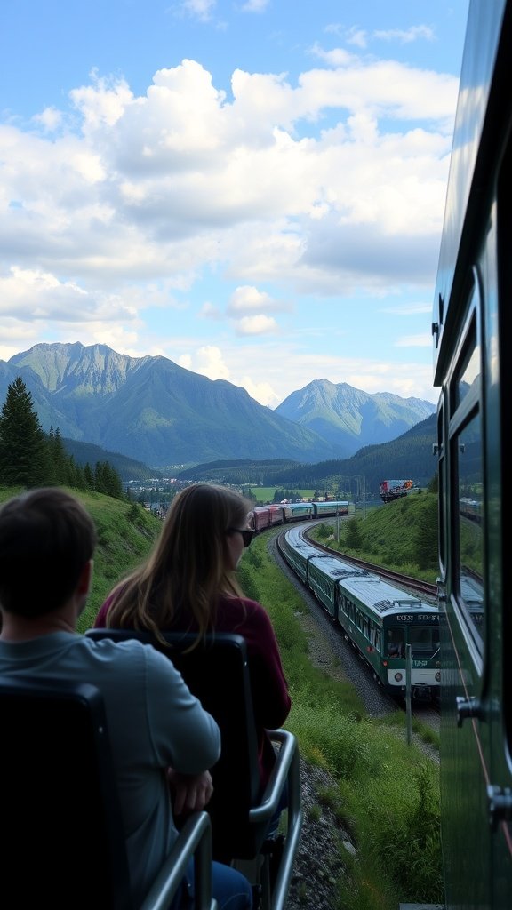 25 Creative Second Date Ideas That Will Leave a Lasting Impression (You’ll Love #8!) A couple enjoying a scenic train ride with mountains and clouds in the background.