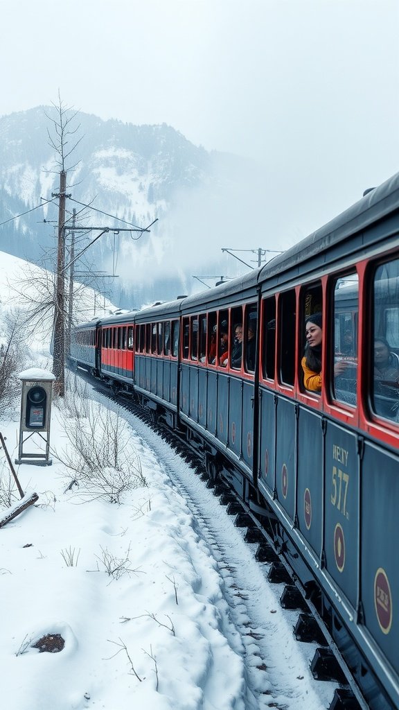 25 Cozy Winter Date Ideas That'll Melt Your Heart (You Won't Believe #5!) A scenic train winding through snowy landscapes with passengers enjoying the view.