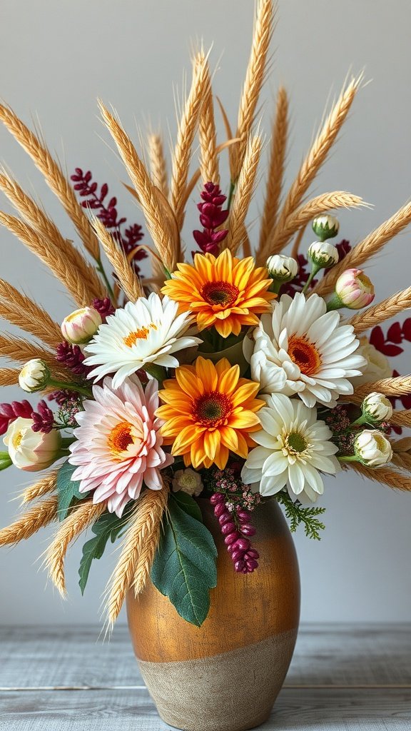 35 Stunning Fall Wedding Flowers That Will Make Your Guests Swoon! A beautiful arrangement of fall wedding flowers featuring sunflowers, daisies, and golden wheat in a decorative vase.