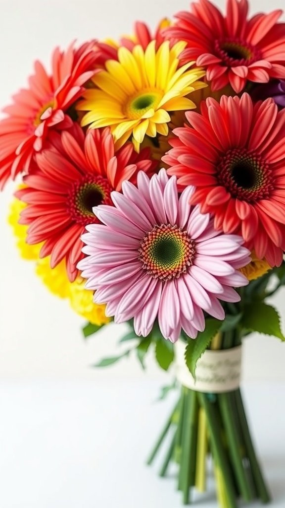 35 Enchanting Spring Wedding Flowers for Your Dream Celebration A colorful bouquet of gerbera daisies in red, yellow, and pink shades, ideal for spring weddings.