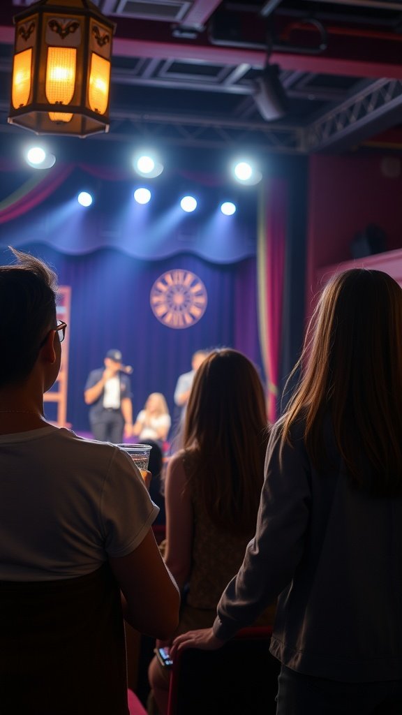 25 Creative Double Date Ideas That Will Spark Your Imagination! A cozy theater scene with audience members enjoying a live performance on stage