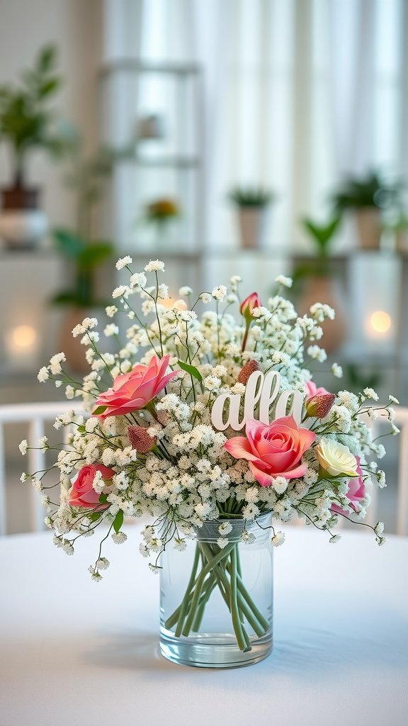 30 Beautiful Baby's Breath Centerpiece DIY Ideas A centerpiece made with baby’s breath and roses in a clear vase, featuring a decorative sign.