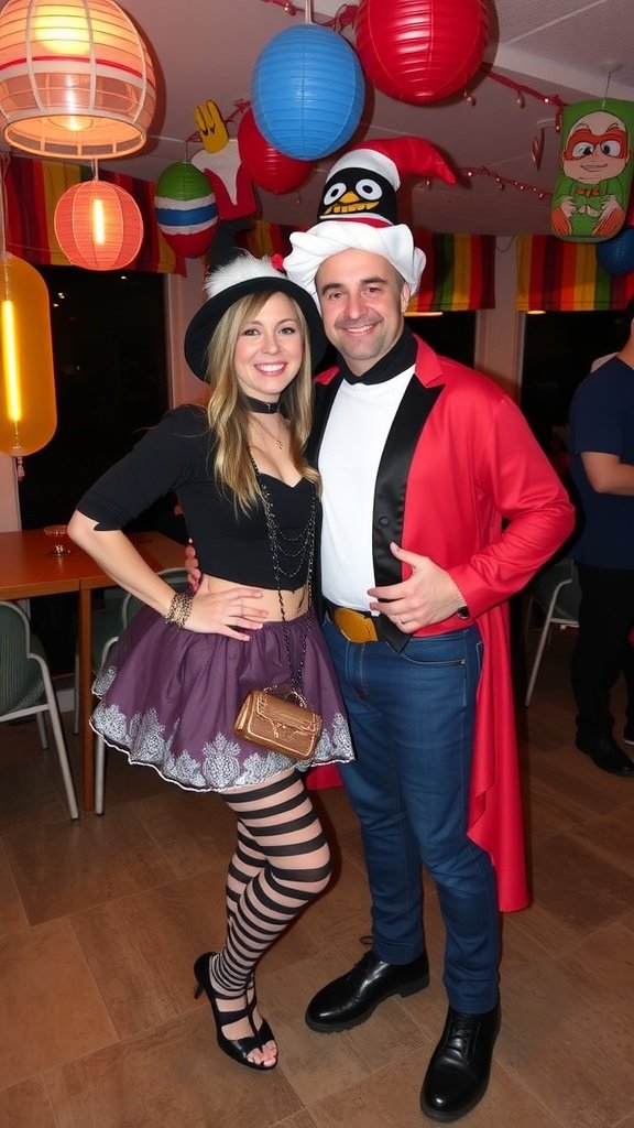 25 Creative Double Date Ideas That Will Spark Your Imagination! A couple at a themed costume party, wearing playful outfits with bright colors and fun accessories. Double Date Ideas
