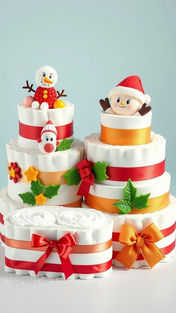 25 Creative Mini Diaper Cake Ideas for Baby Showers Festively decorated mini diaper cakes with holiday themes, featuring colorful ribbons and cheerful characters.