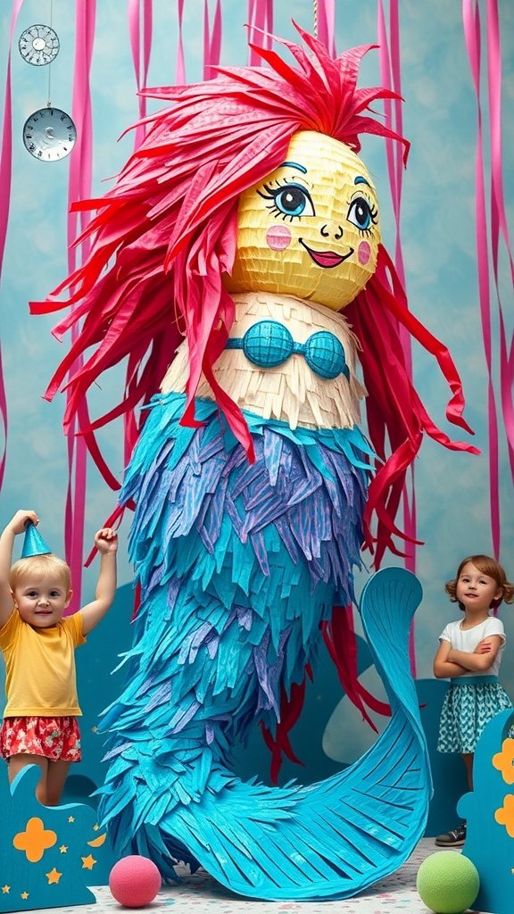 25 Enchanting Ideas for the Ultimate Mermaid-Themed Kids Party A colorful mermaid piñata with two kids at a party