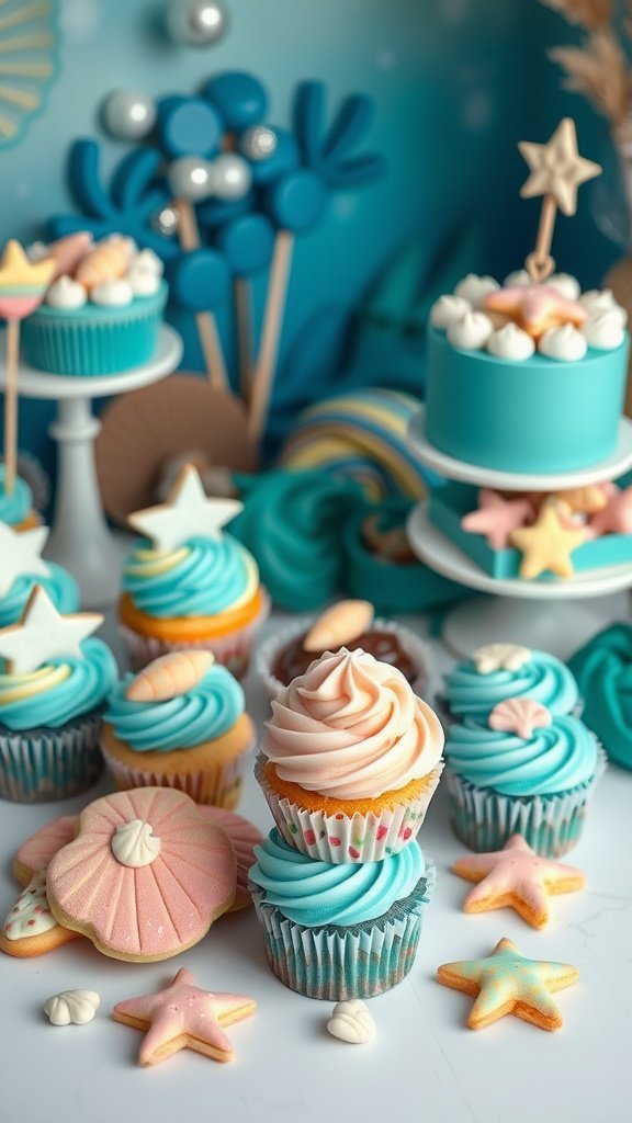 25 Enchanting Ideas for the Ultimate Mermaid-Themed Kids Party Colorful mermaid-themed cupcakes and cookies on a table