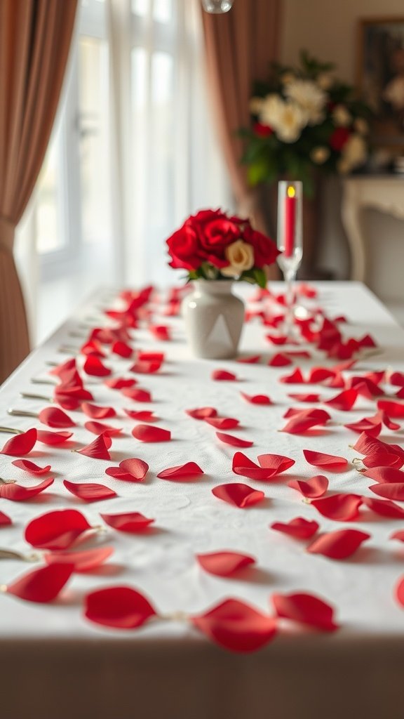 25 Stunning Valentines Table Decor Ideas That Will Make Your Dinner an Unforgettable Romance! A romantic Valentine's table set with a white tablecloth, red rose petals, a vase of roses, and a lit candle.