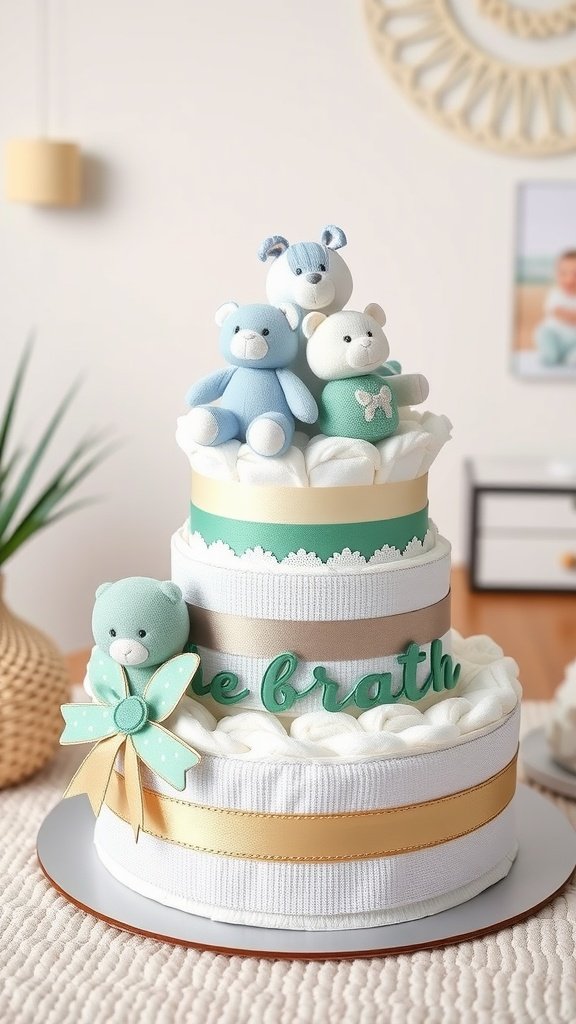 25 Creative Mini Diaper Cake Ideas for Baby Showers A beautifully arranged mini diaper cake featuring soft colors and teddy bears, perfect for a baby's nursery.