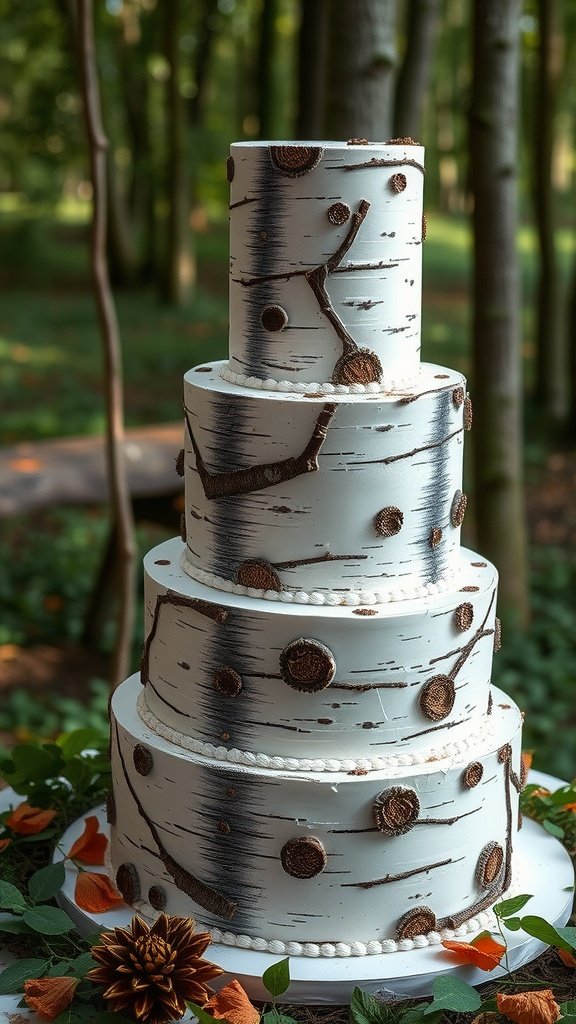 35 Enchanting Forest Wedding Cake Recipes for Your Dream Celebration A beautiful tiered cake designed to resemble birch bark, perfect for forest weddings.