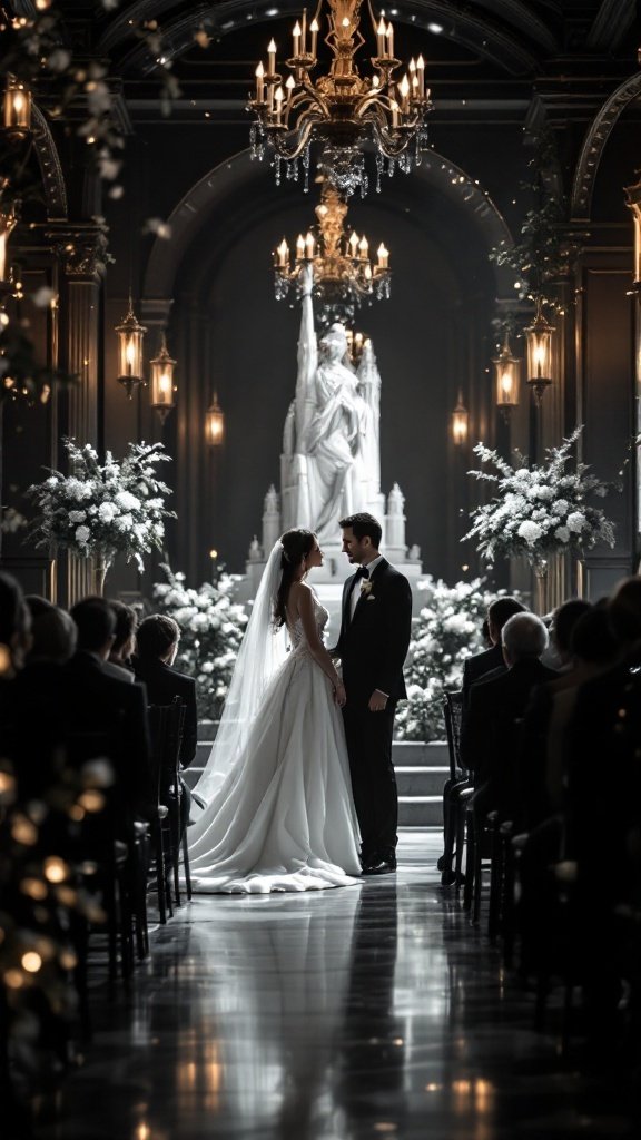 25 Beautiful Spring Wedding Color Palettes to Inspire Your Big Day A couple in a black and white wedding ceremony with elegant decor.