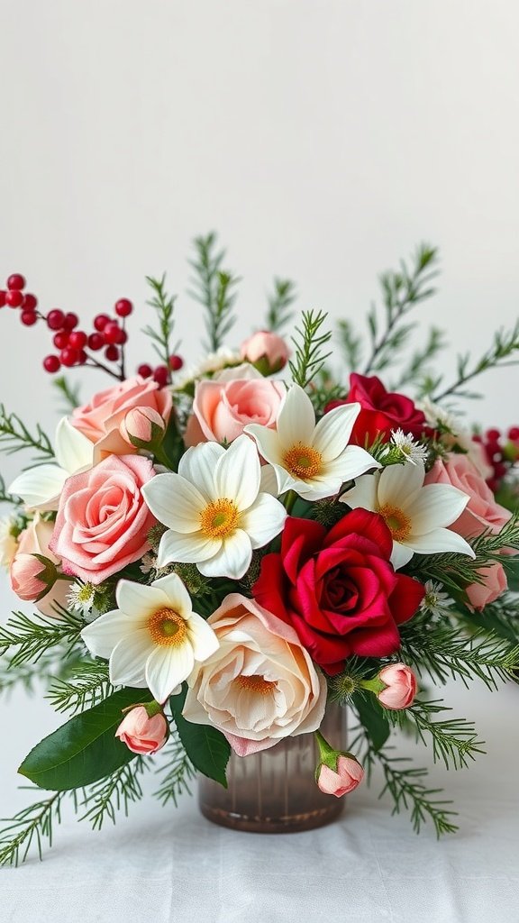 35 Wedding Winter Flower Bouquets That Will Make Your Heart Skip a Beat (Don't Miss #9!) A vibrant winter flowers bouquet featuring pink and red roses, white daffodils, and green foliage.