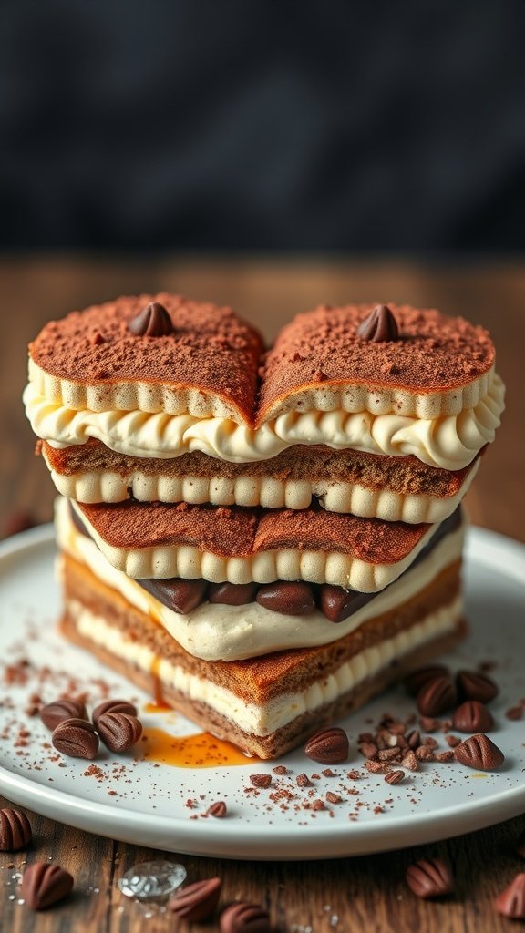 25 Irresistible Valentine’s Day Cake Ideas to Sweeten Your Celebration A beautifully layered Tiramisu Heart Cake with cocoa powder on top, surrounded by chocolate chips on a wooden table