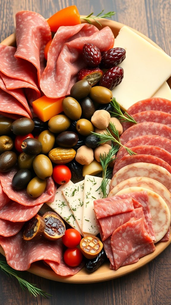 35 Stunning Grazing Table Ideas That Will Wow Your Guests (You Won't Believe #12!) A traditional antipasto platter featuring cured meats, cheeses, olives, and vegetables.