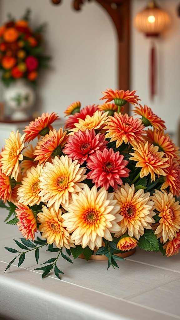 35 Stunning Fall Wedding Flowers That Will Make Your Guests Swoon! A vibrant arrangement of traditional chrysanthemums in fall colors, perfect for wedding decor.