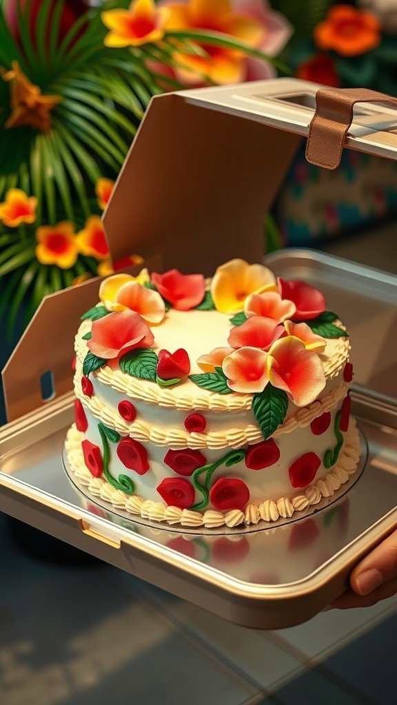 20 Delightful Luau Cake Recipes for Your Tropical Celebration A beautifully decorated luau cake ready to be transported for a celebration.