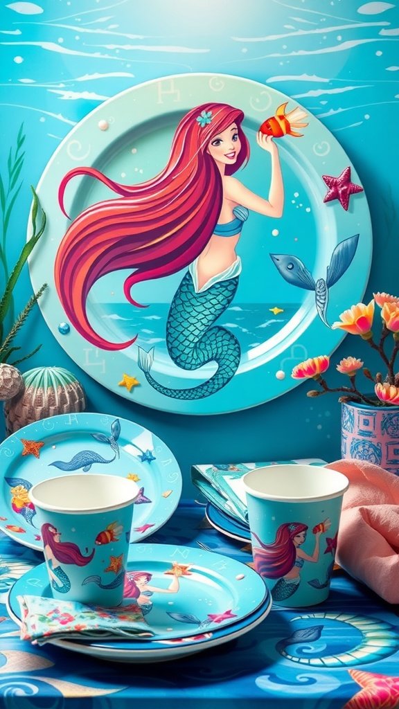 25 Stunning Mermaid Party Decoration Ideas for an Underwater Adventure Colorful mermaid-themed tableware including plates and cups with ocean designs.