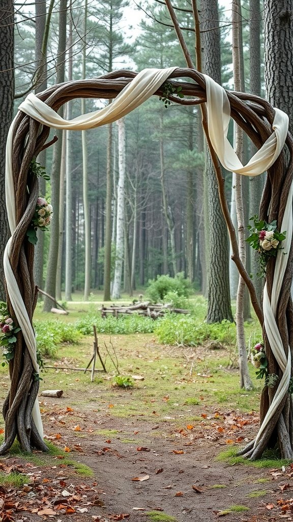 25 Unique Rustic Wedding Arch Ideas to Make Your Ceremony Unforgettable (Trust Us, #3 Is a Show-Stopper!) Rustic wedding arch made from tree branches with white fabric and flowers