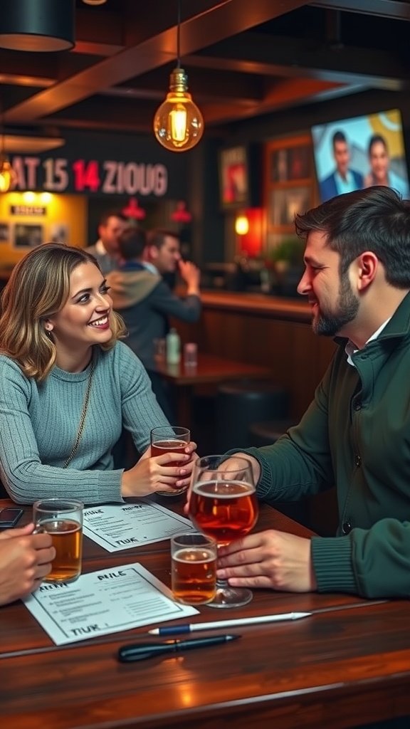 25 Creative Double Date Ideas That Will Spark Your Imagination! Couples enjoying trivia night at a local pub, smiling and engaged in conversation.