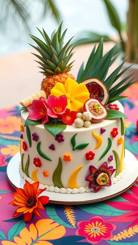 20 Delightful Luau Cake Recipes for Your Tropical Celebration A beautifully decorated luau cake with tropical flowers and fruits.