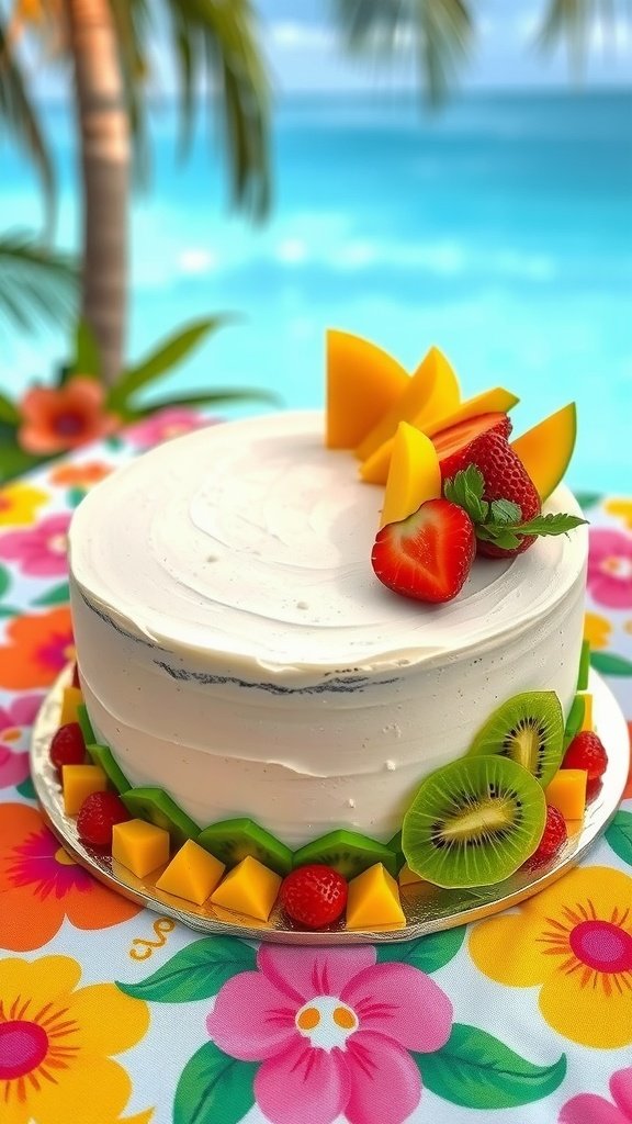 20 Delightful Luau Cake Recipes for Your Tropical Celebration A beautifully garnished luau cake with tropical fruits on top