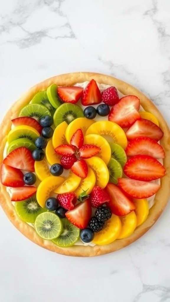 25 Creative Mermaid-Inspired Party Food Ideas A colorful tropical fruit pizza topped with various fresh fruits on a cookie crust. Mermaid party food