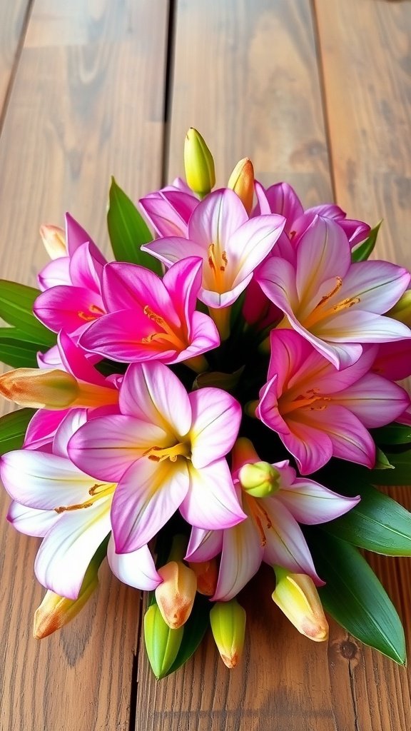 35 Enchanting Spring Wedding Flowers for Your Dream Celebration A vibrant bouquet of Tuberose flowers in pink and white hues arranged on a wooden surface.