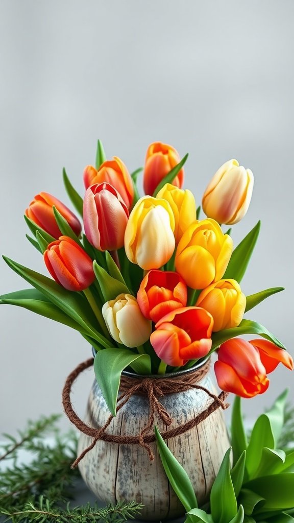 35 Enchanting Spring Wedding Flowers for Your Dream Celebration A vibrant bouquet of red, yellow, and white tulips in a rustic vase