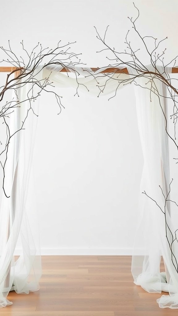 25 Unique Rustic Wedding Arch Ideas to Make Your Ceremony Unforgettable (Trust Us, #3 Is a Show-Stopper!) A rustic wedding arch made of branches and tulle, set against a simple backdrop.