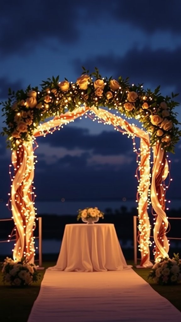 25 Unique Rustic Wedding Arch Ideas to Make Your Ceremony Unforgettable (Trust Us, #3 Is a Show-Stopper!) Rustic wedding arch adorned with fairy lights and flowers